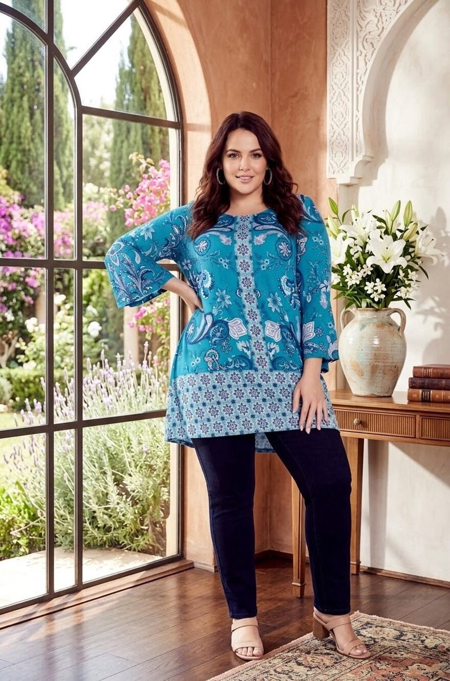 Avenue Betsey Placement Tunic Top, Emerald Paisley, Size 26/28